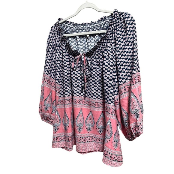 C & C California Linen Blend Oversize Balloon Sleeve Paisley Blouse Women's S - Picture 3 of 8